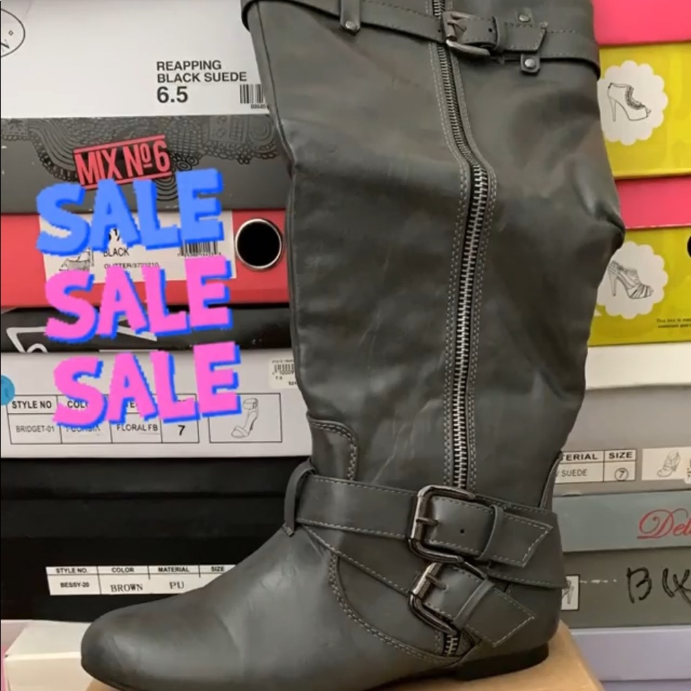 High grey leather boots